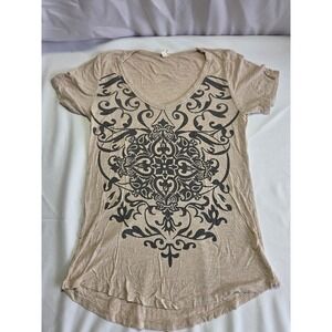 Liberty Wear Tan S Filigree Mandala Graphic Tee Rhinestone Scoop Neck Top Womens